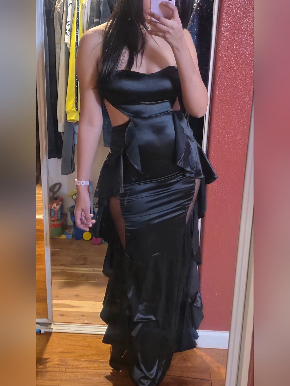 Black Strapless Cutout Satin Evening Dress